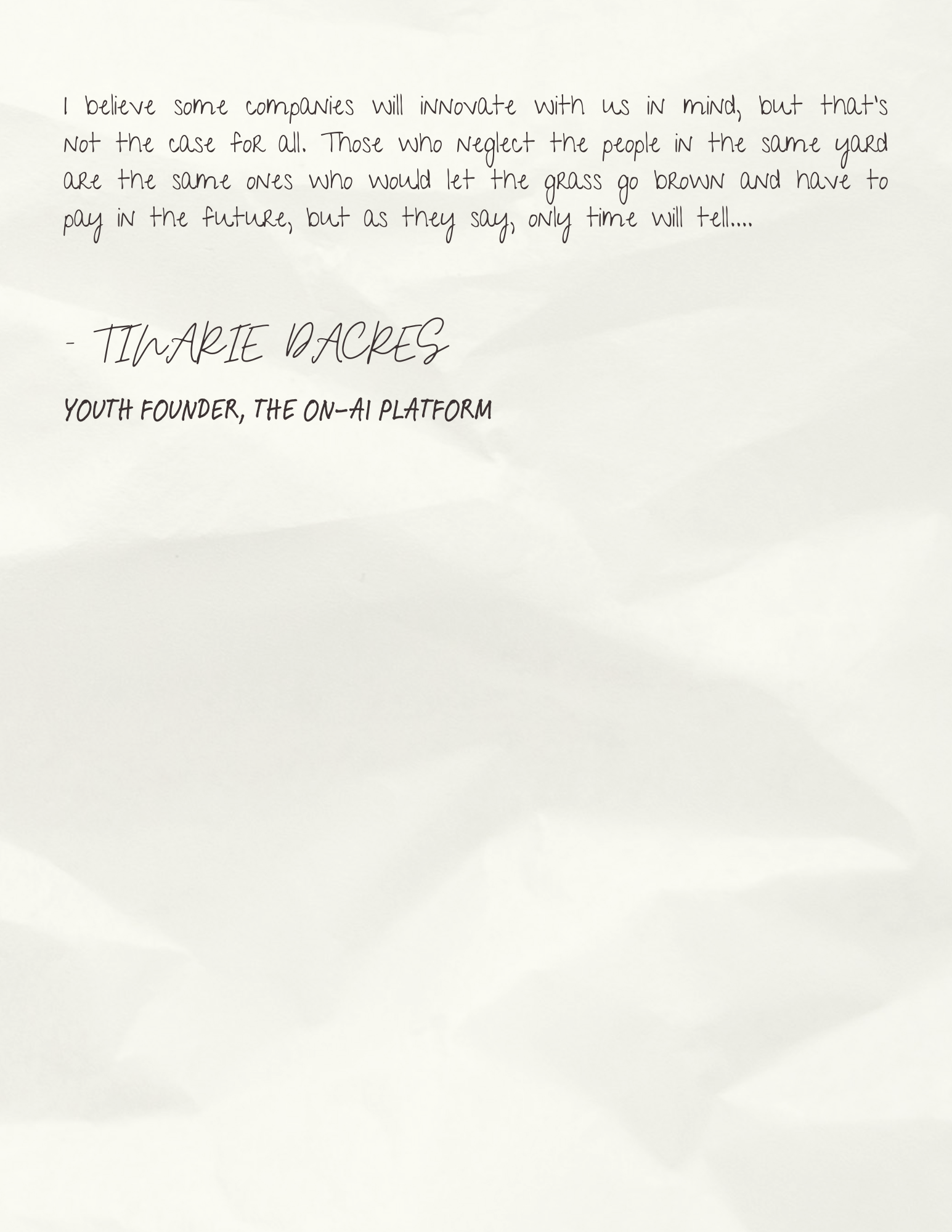 Handwritten letter, page 4 of 4, signed Tinarie Dacres, Youth Founder